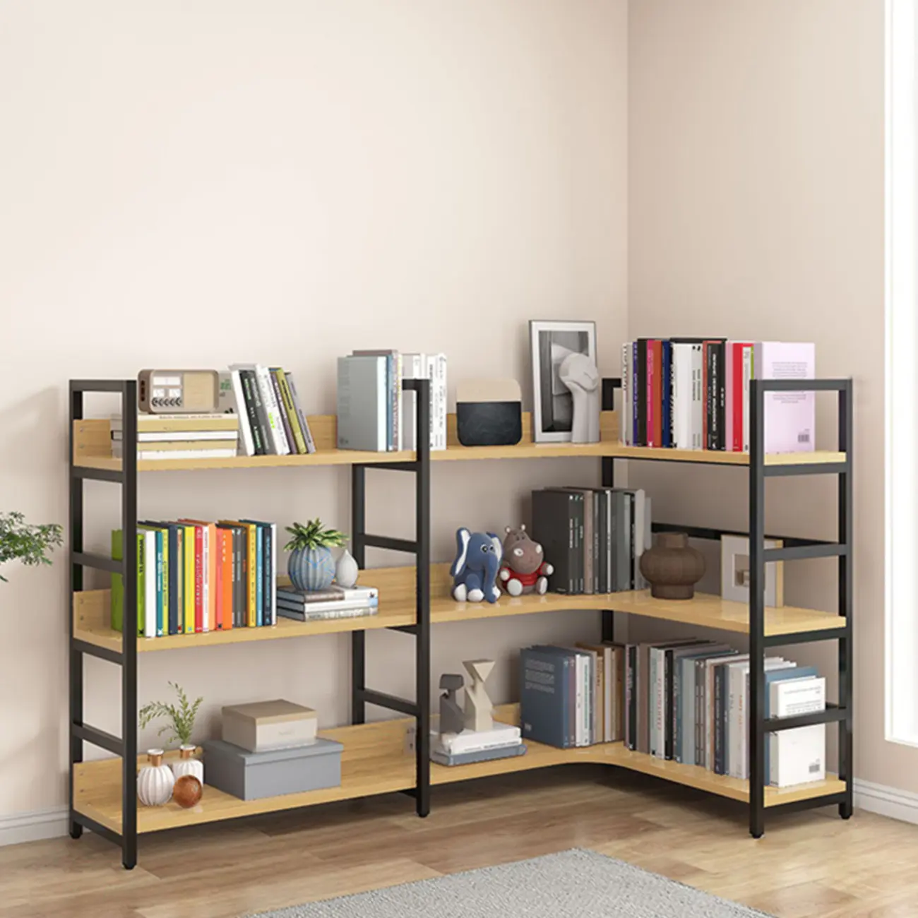 6-Tier Wood and Steel Corner Display Bookshelf Image - 40 | homeyfad