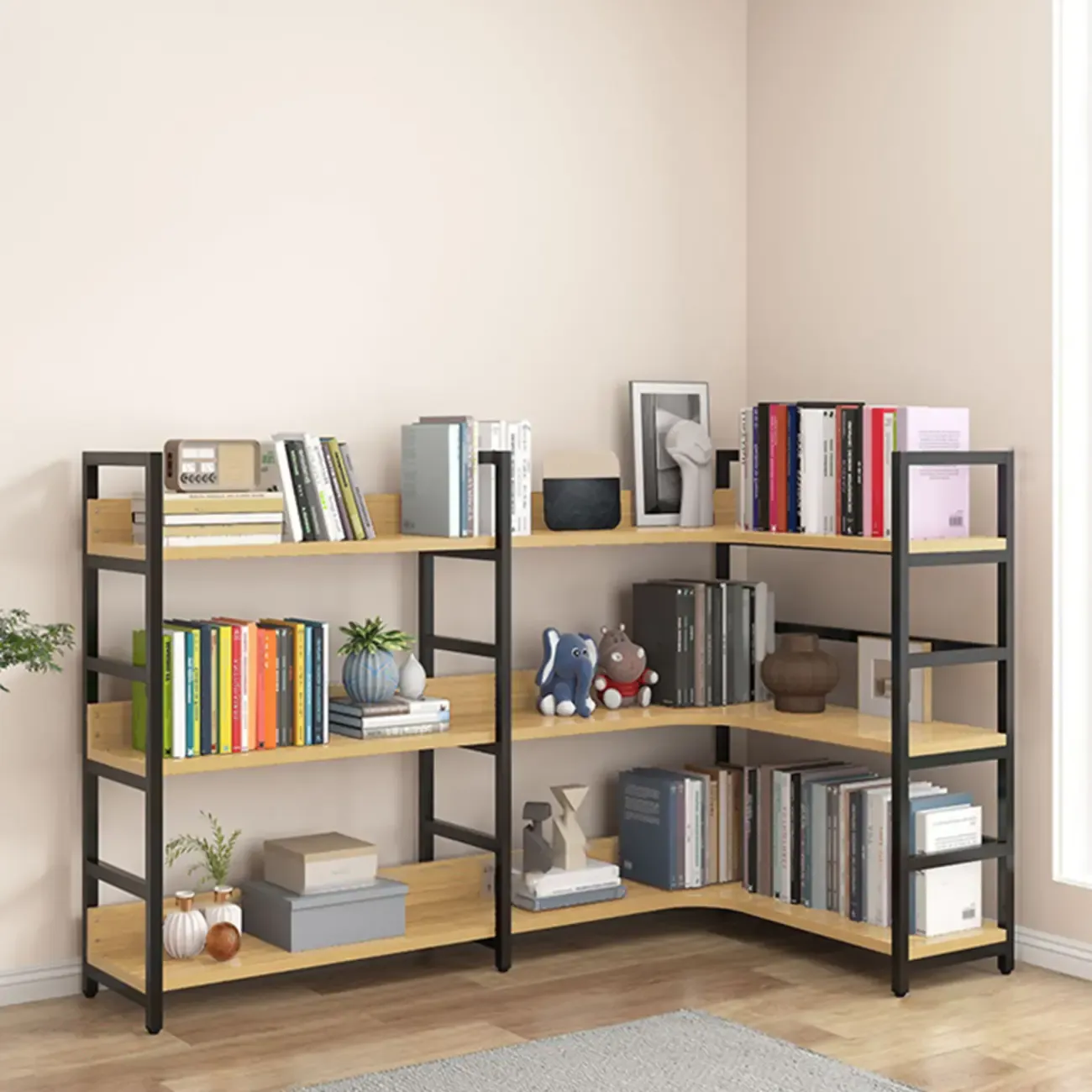 6-Tier Wood and Steel Corner Display Bookshelf Image - 40