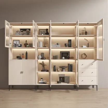 Vertical White Wood Multi-Storage Bookcase with Glass Doors Image - 2