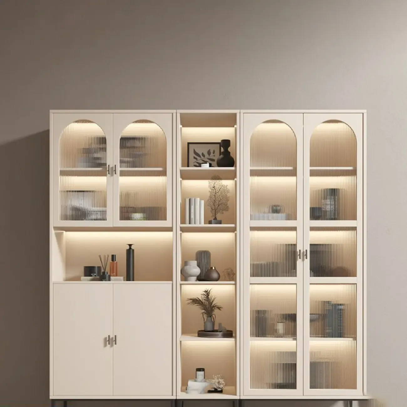 Vertical White Wood Multi-Storage Bookcase with Glass Doors Image - 4
