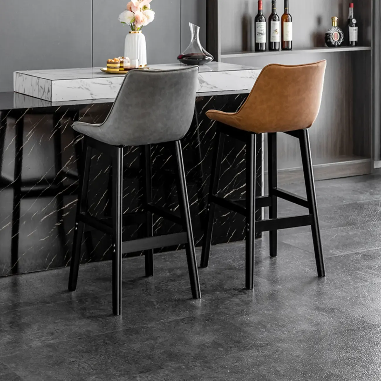 Vintage Leather Bucket Seat Curved Back Bar Stools Image - 4