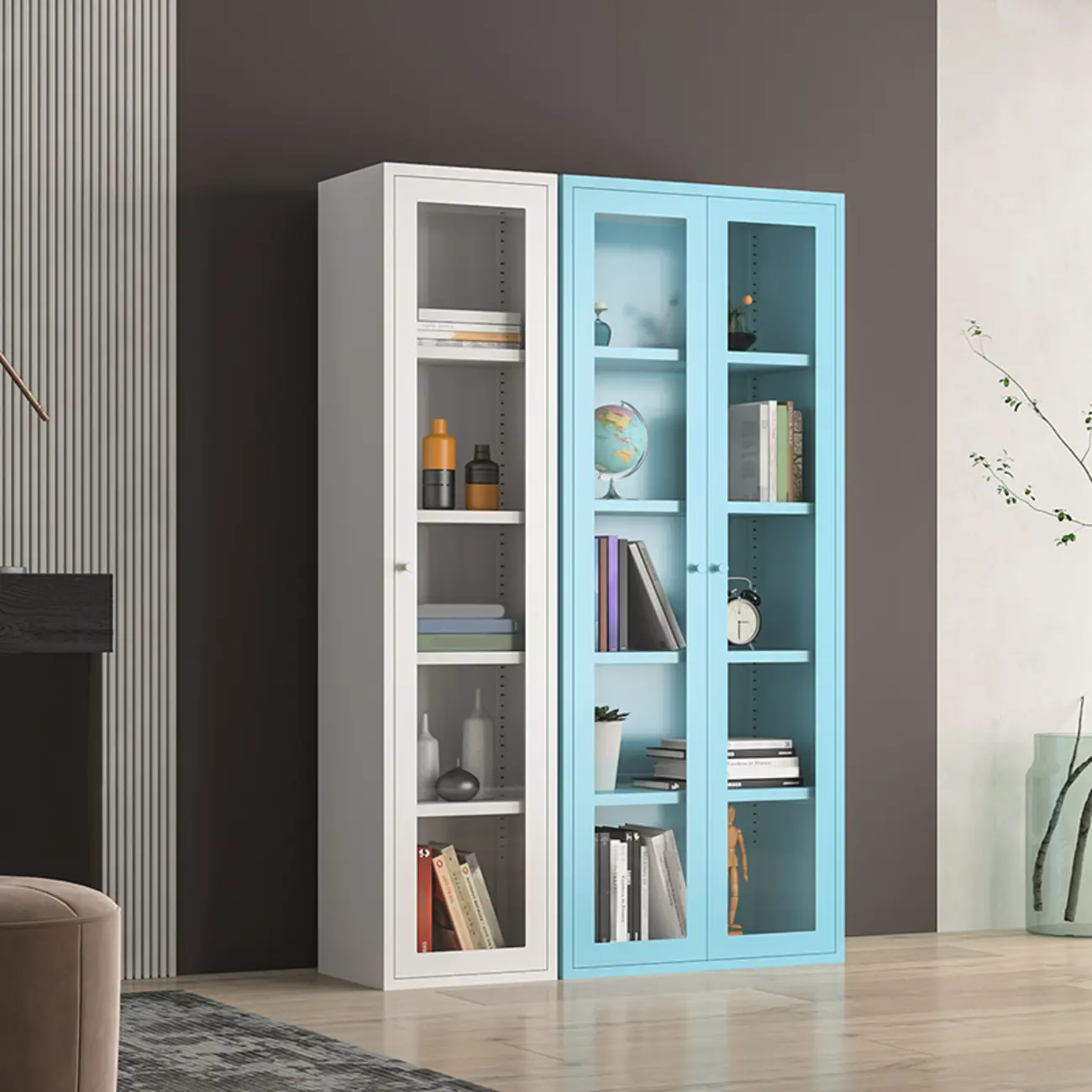 Modern Steel Glass Adjustable Shelves Display Storage Cabinet Image - 8 | homeyfad