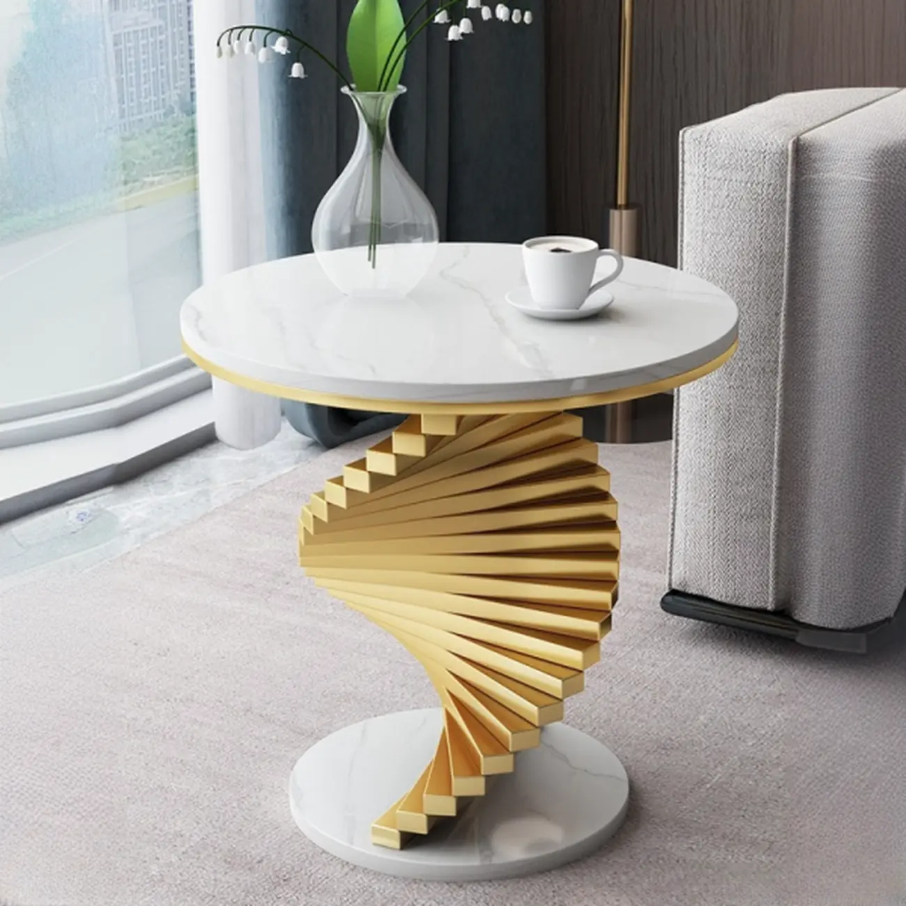 Modern Marble Round End Table with Abstract Gold Base for Home Image - 1 | homeyfad