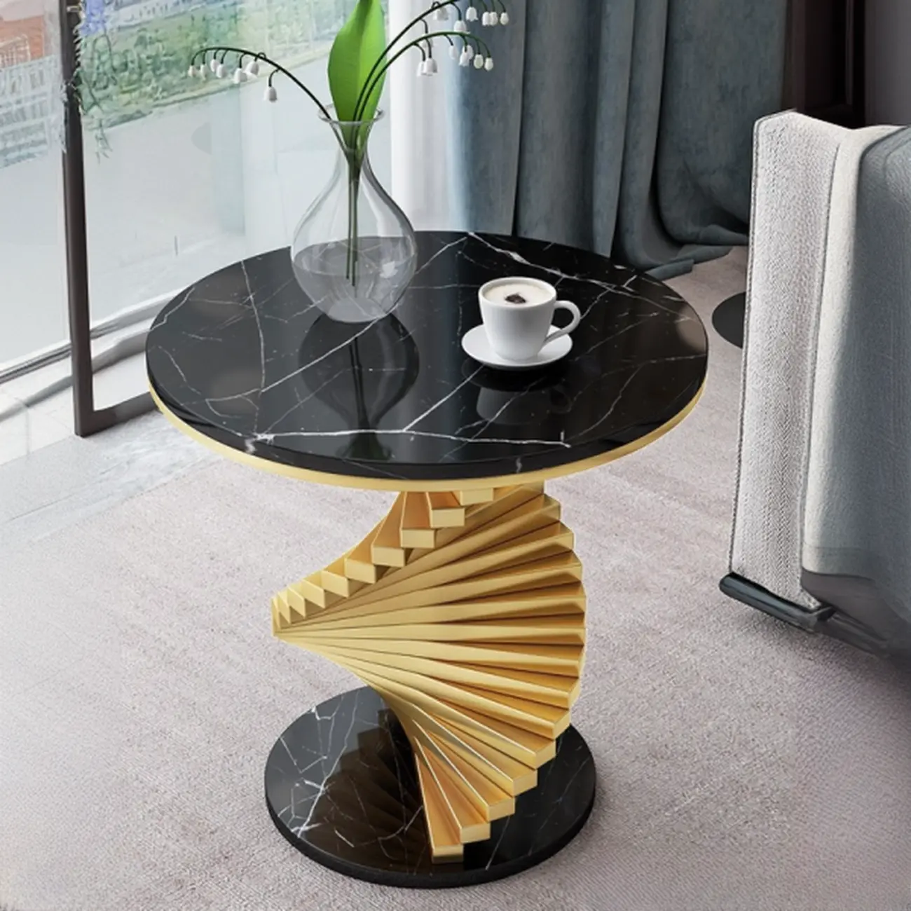 Modern Marble Round End Table with Abstract Gold Base for Home Image - 2 | homeyfad