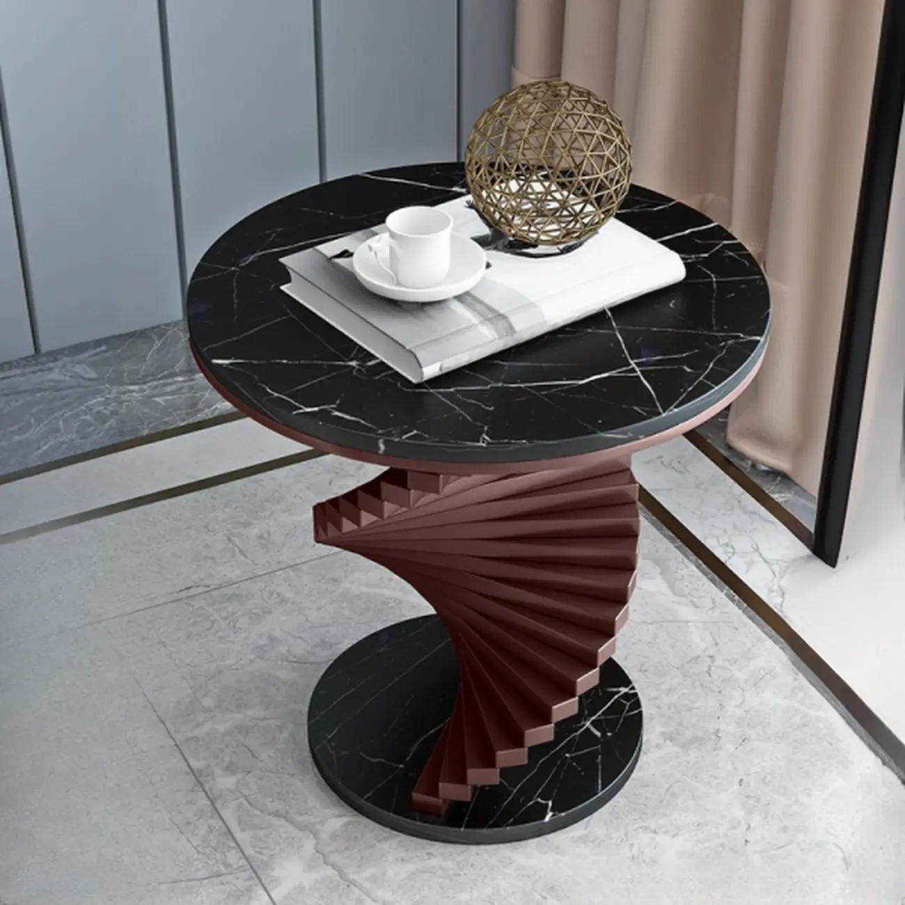 Modern Marble Round End Table with Abstract Gold Base for Home Image - 3 | homeyfad