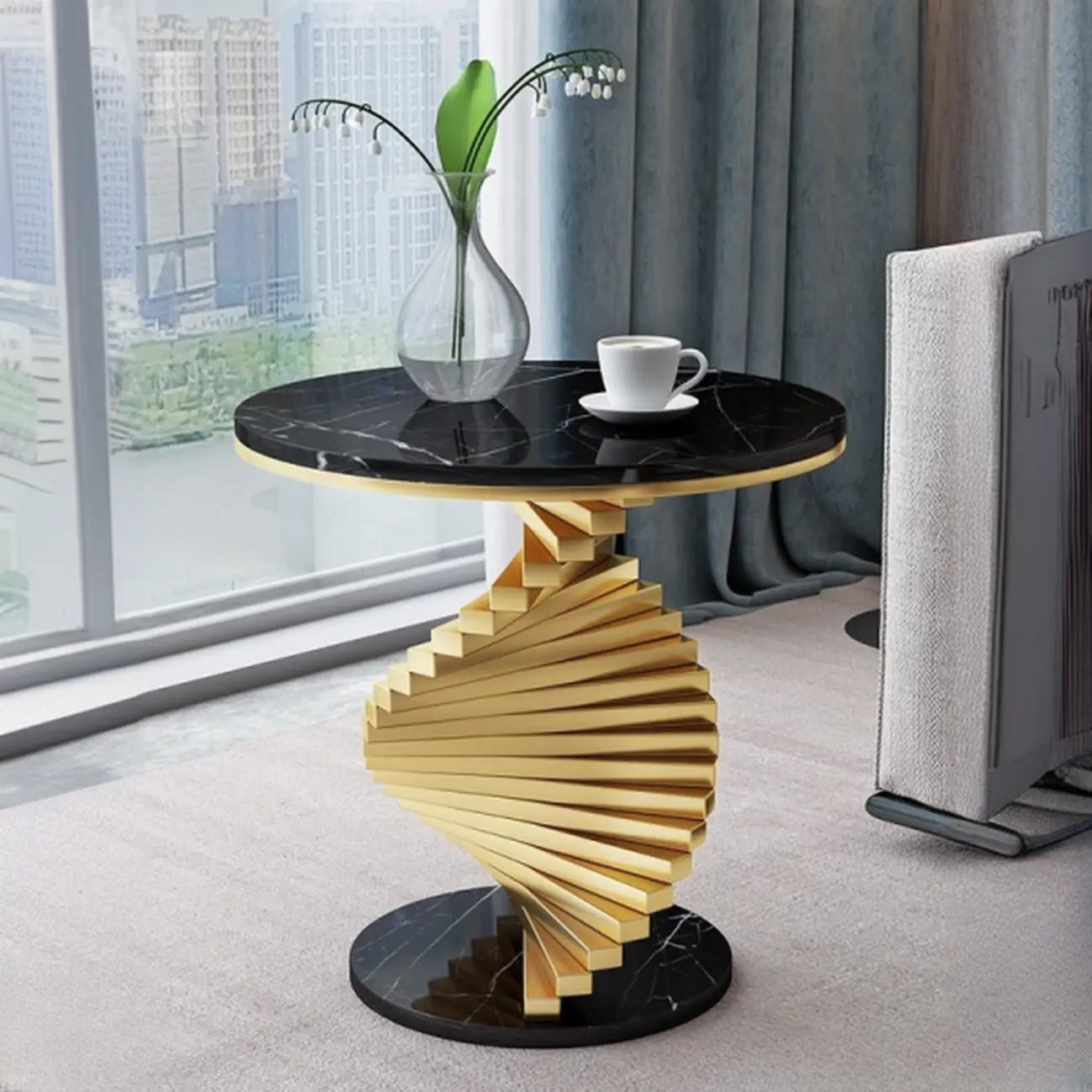 Modern Marble Round End Table with Abstract Gold Base for Home Image - 4 | homeyfad