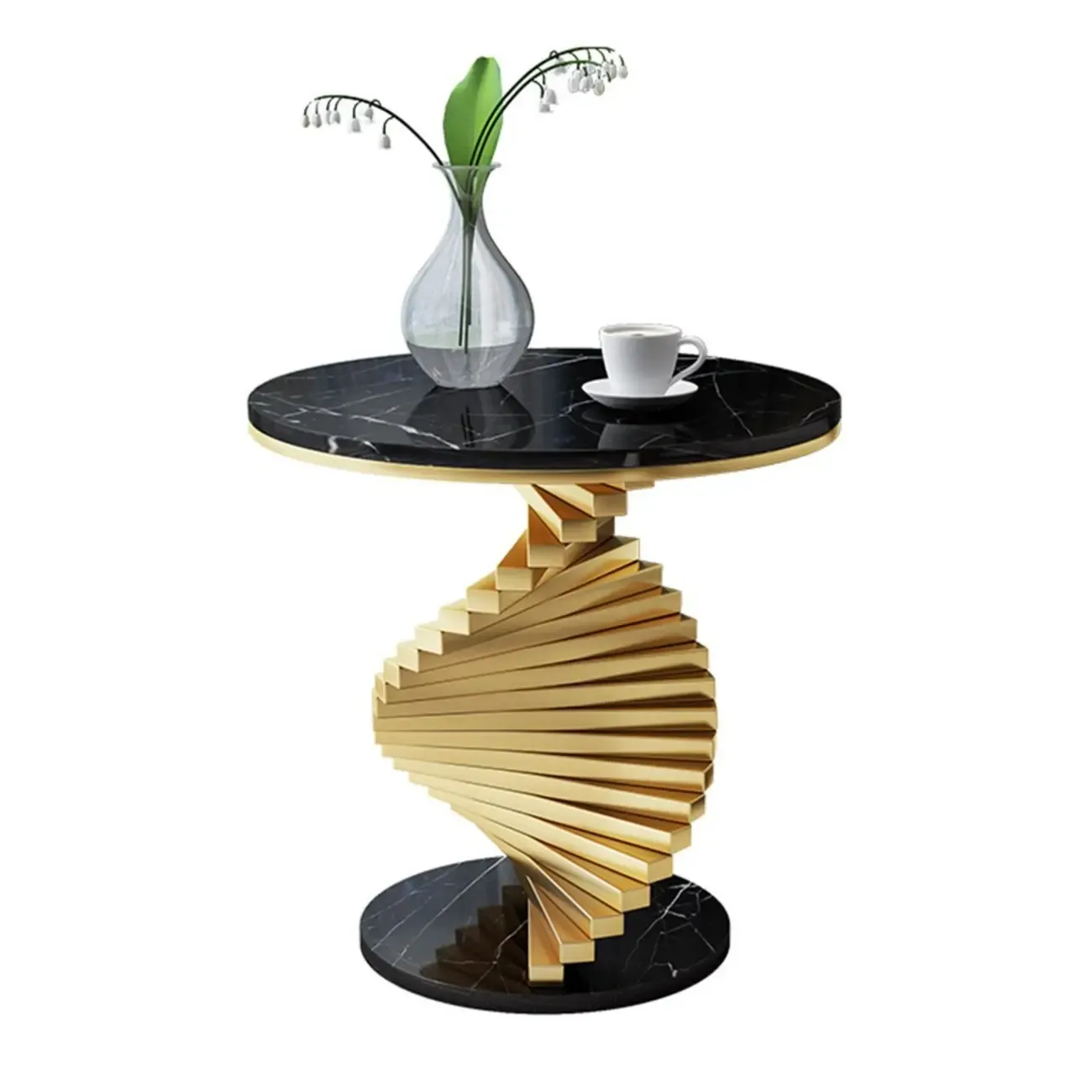 Modern Marble Round End Table with Abstract Gold Base for Home Image - 5