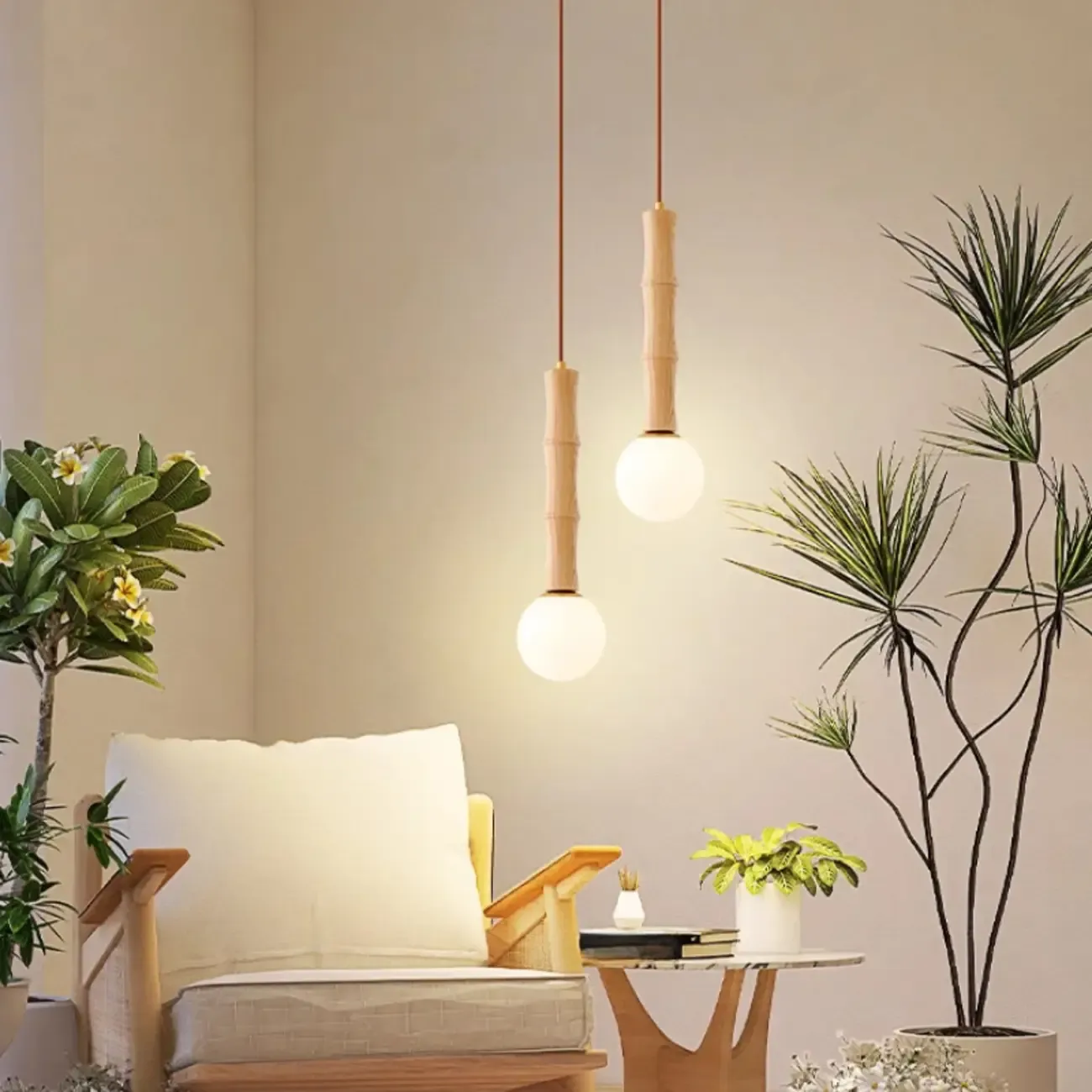 Adjustable Wood & Glass Globe Hanging Pendant Light Fixture  Image - 3