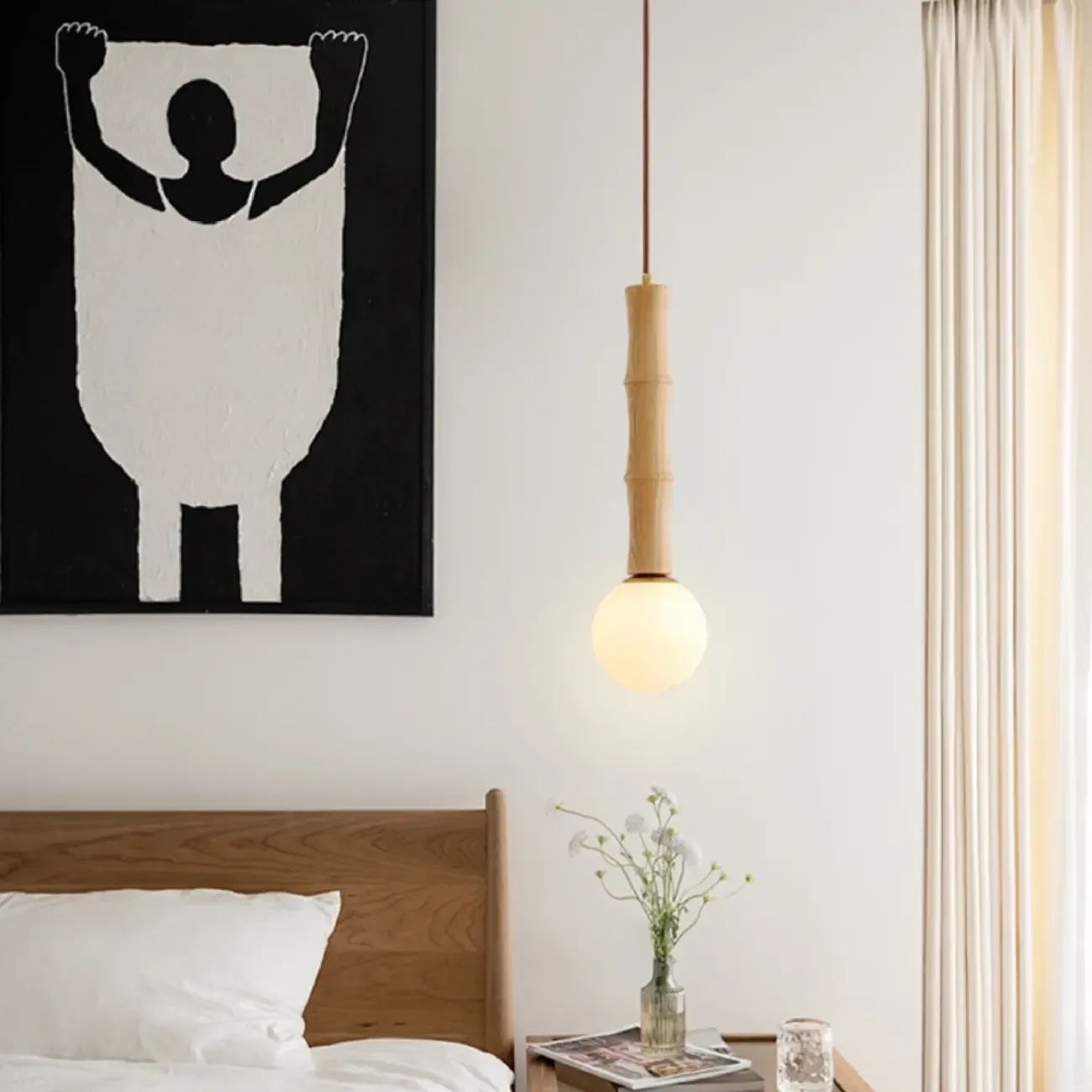 Adjustable Wood & Glass Globe Hanging Pendant Light Fixture  Image - 4