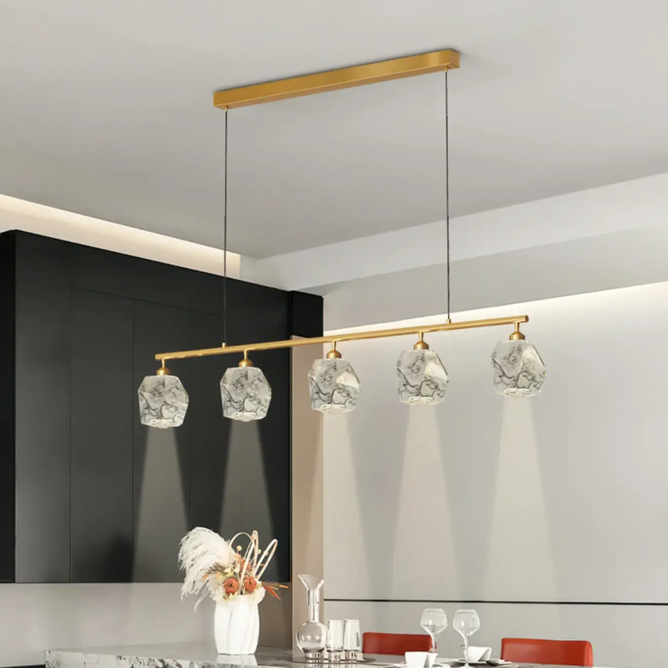 Geometric Gold Crystal Down Island Pendant Light Image - 3
