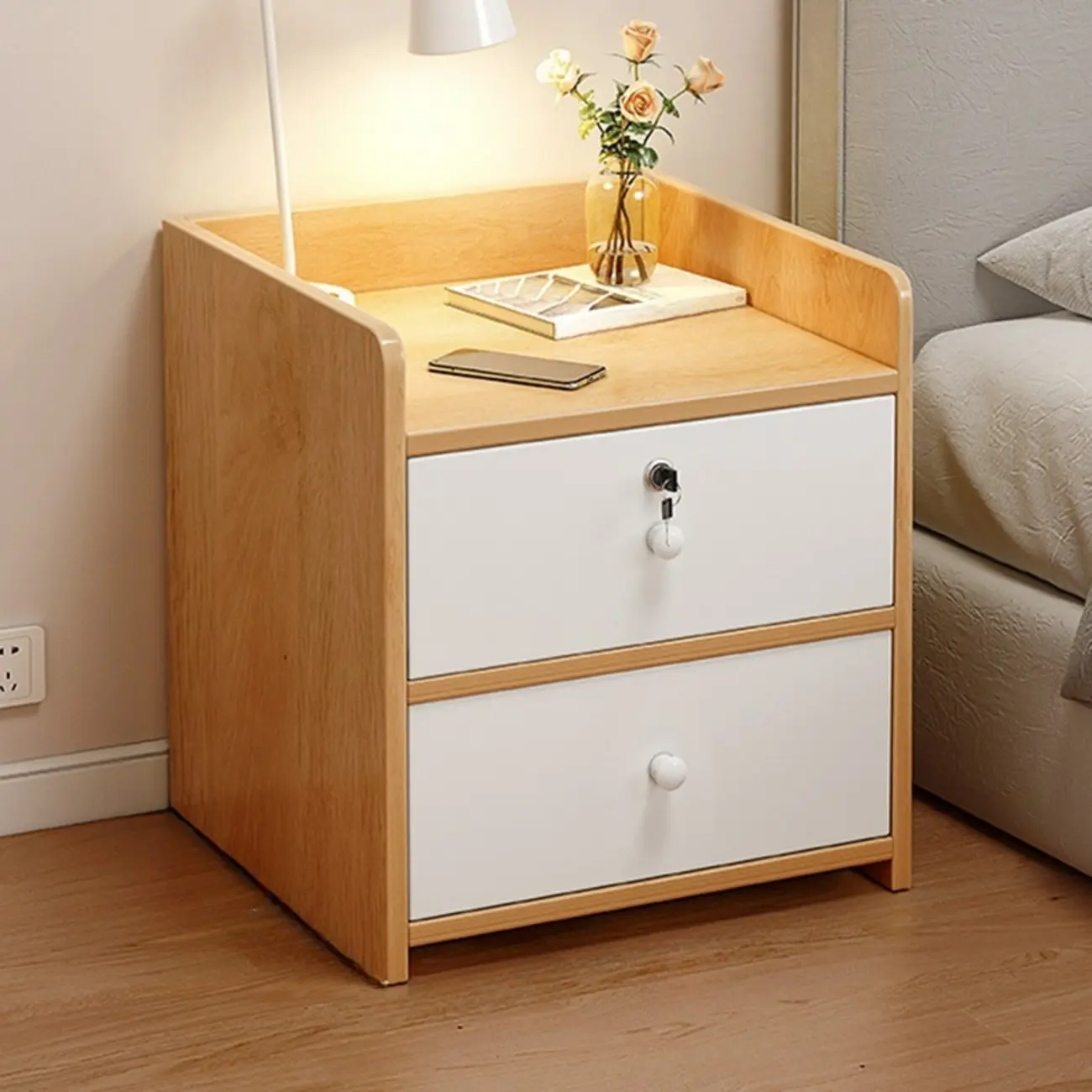 Scandinavian Durable Wooden 2-Drawer Locking Nightstand Image - 2 | homeyfad