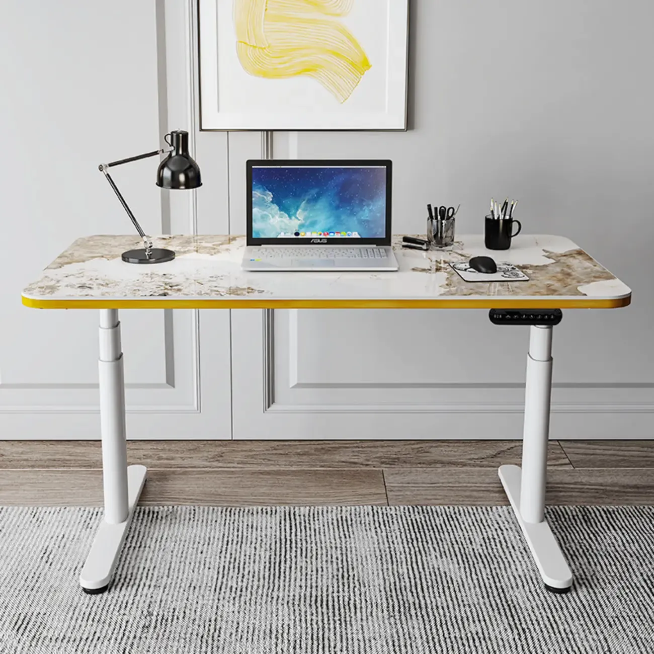 Glam T-Shaped Height-Adjustable Standing Desk with Sintered Stone Top Image - 1