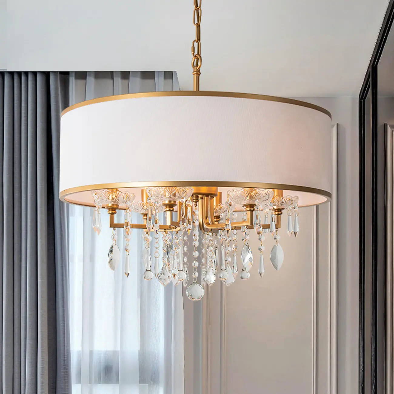 Gold Linen Crystal Drum Pendant Chandelier Modern Design Image - 1 | homeyfad
