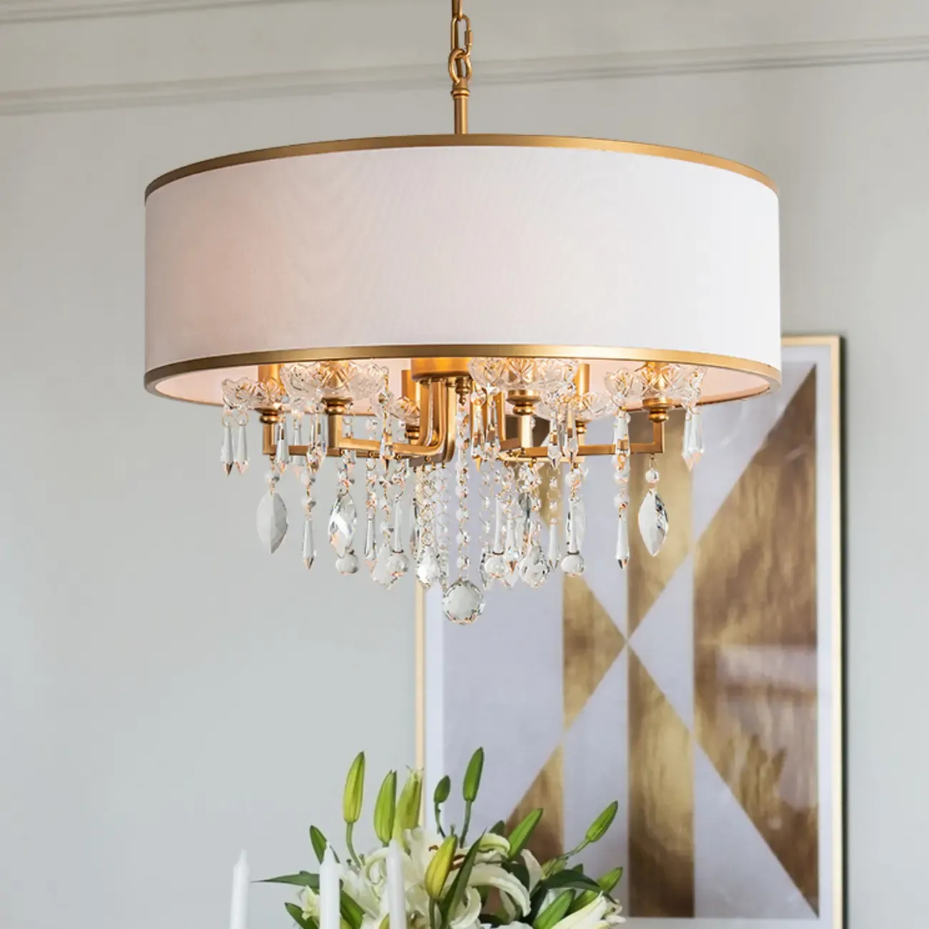 Gold Linen Crystal Drum Pendant Chandelier Modern Design Image - 2