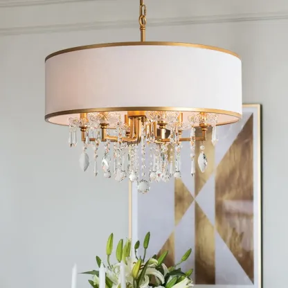 Gold Linen Crystal Drum Pendant Chandelier Modern Design Image - 2