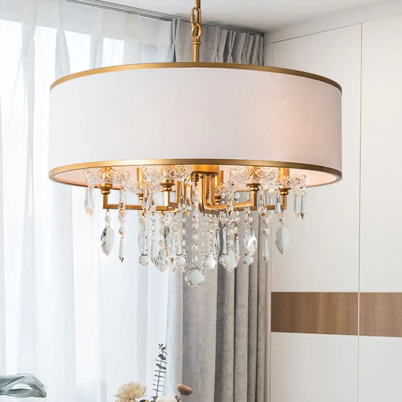 Gold Linen Crystal Drum Pendant Chandelier Modern Design Image - 3