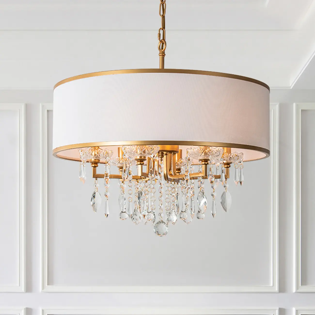 Gold Linen Crystal Drum Pendant Chandelier Modern Design Image - 4 | homeyfad