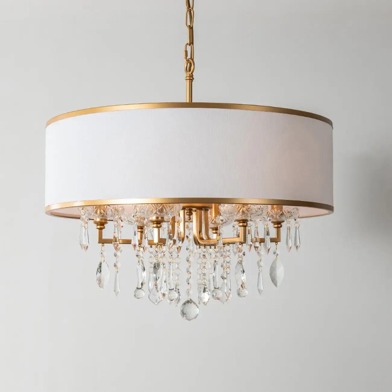 Gold Linen Crystal Drum Pendant Chandelier Modern Design Image - 6