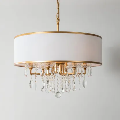 Gold Linen Crystal Drum Pendant Chandelier Modern Design Image - 6