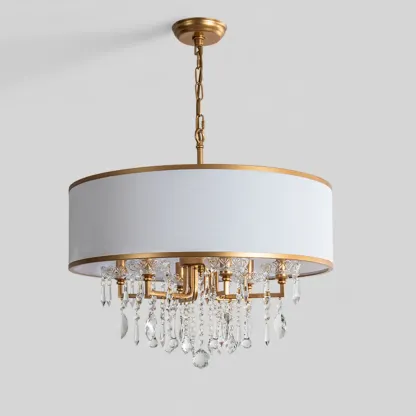 Gold Linen Crystal Drum Pendant Chandelier Modern Design Image - 7