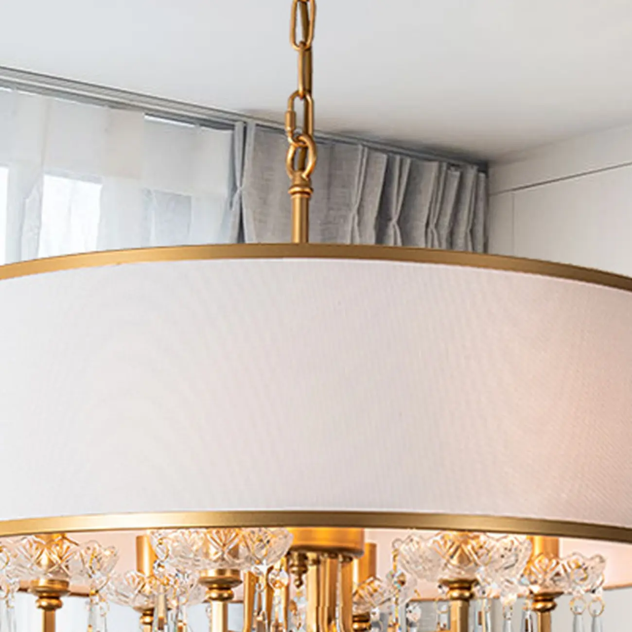 Gold Linen Crystal Drum Pendant Chandelier Modern Design Image - 8 | homeyfad