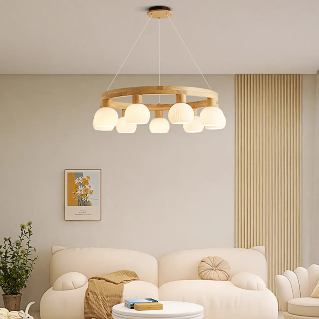 Nordic Natural Wood Round Glass Pendant Chandelier Image - 1 | homeyfad