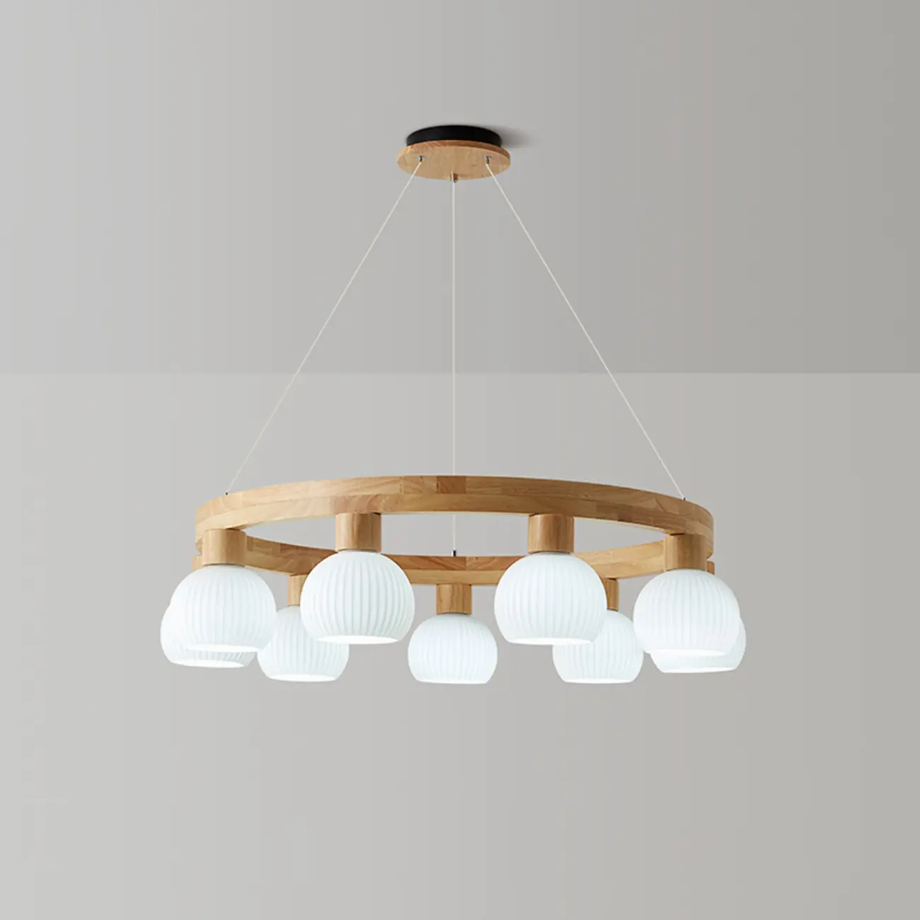 Nordic Natural Wood Round Glass Pendant Chandelier Image - 4 | homeyfad