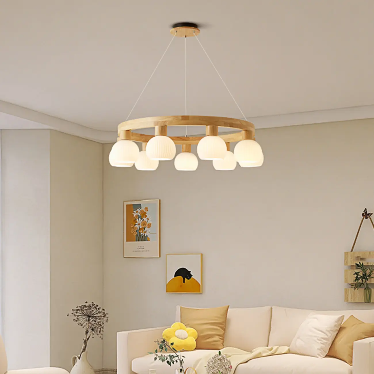 Nordic Natural Wood Round Glass Pendant Chandelier Image - 5 | homeyfad