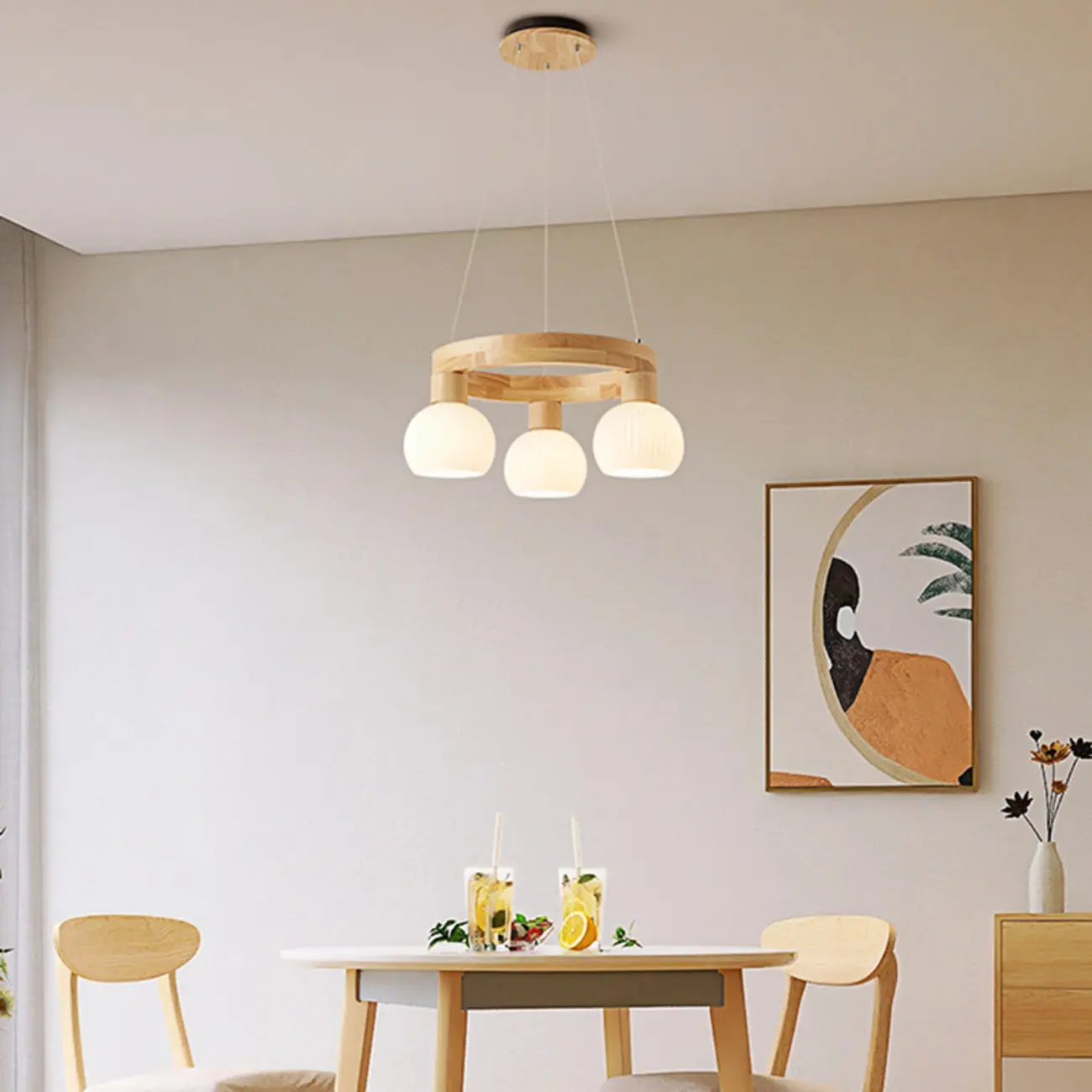 Nordic Natural Wood Round Glass Pendant Chandelier Image - 6 | homeyfad