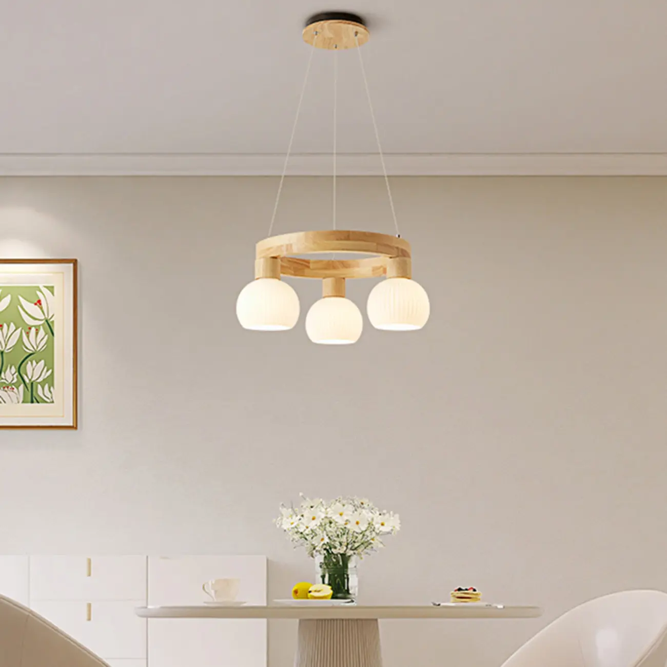Nordic Natural Wood Round Glass Pendant Chandelier Image - 7 | homeyfad
