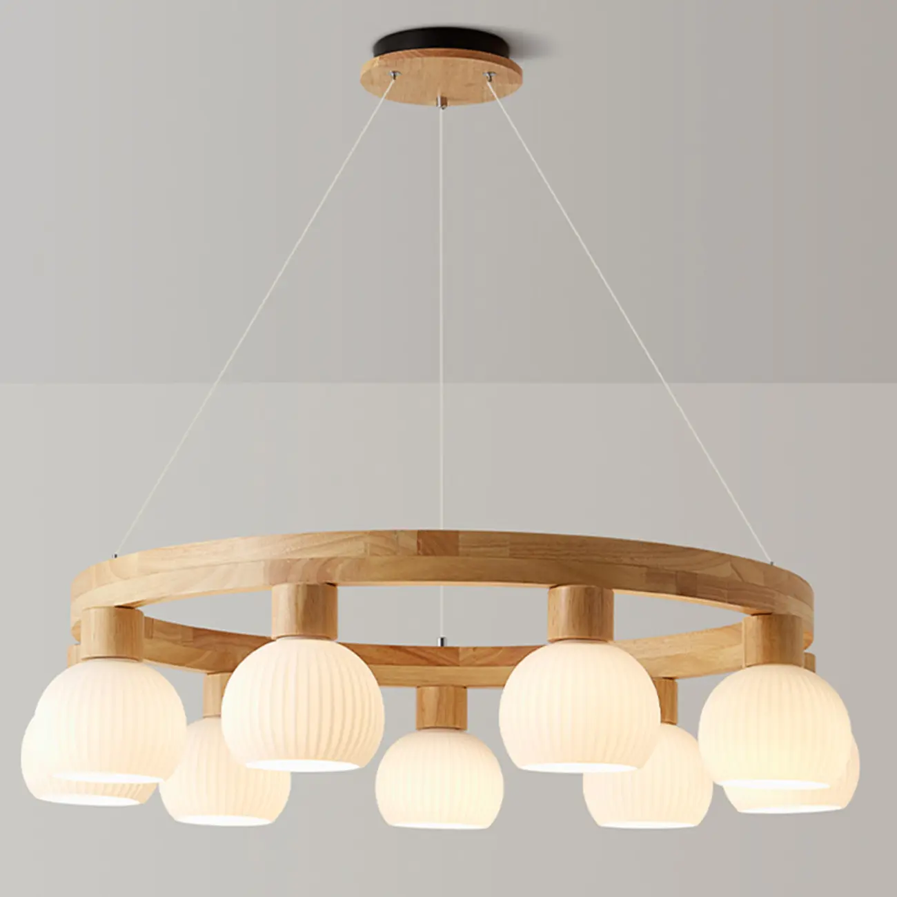 Nordic Natural Wood Round Glass Pendant Chandelier Image - 2 | homeyfad