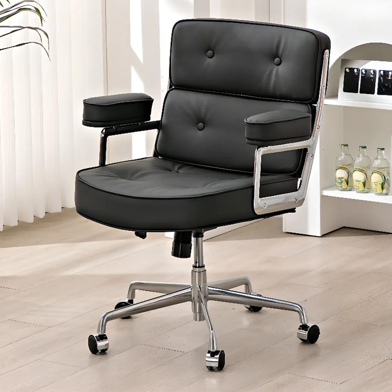 Upholstered Apricot Leather Adjustable Swivel Office Chair Image - 5