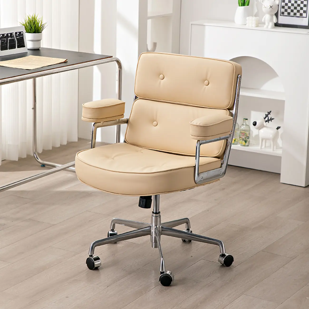 Upholstered Apricot Leather Adjustable Swivel Office Chair Image - 1 | homeyfad