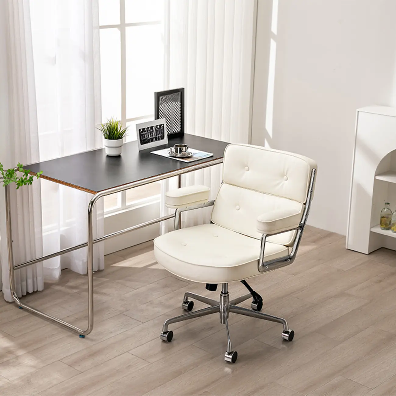 Upholstered Apricot Leather Adjustable Swivel Office Chair Image - 4 | homeyfad