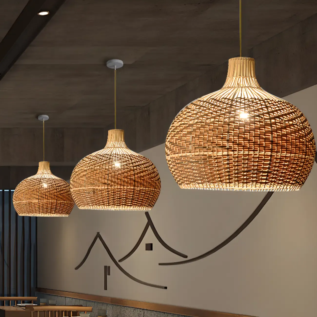 Oriental Rattan Dome Pendant Light Large for Kitchen Dining Image - 3