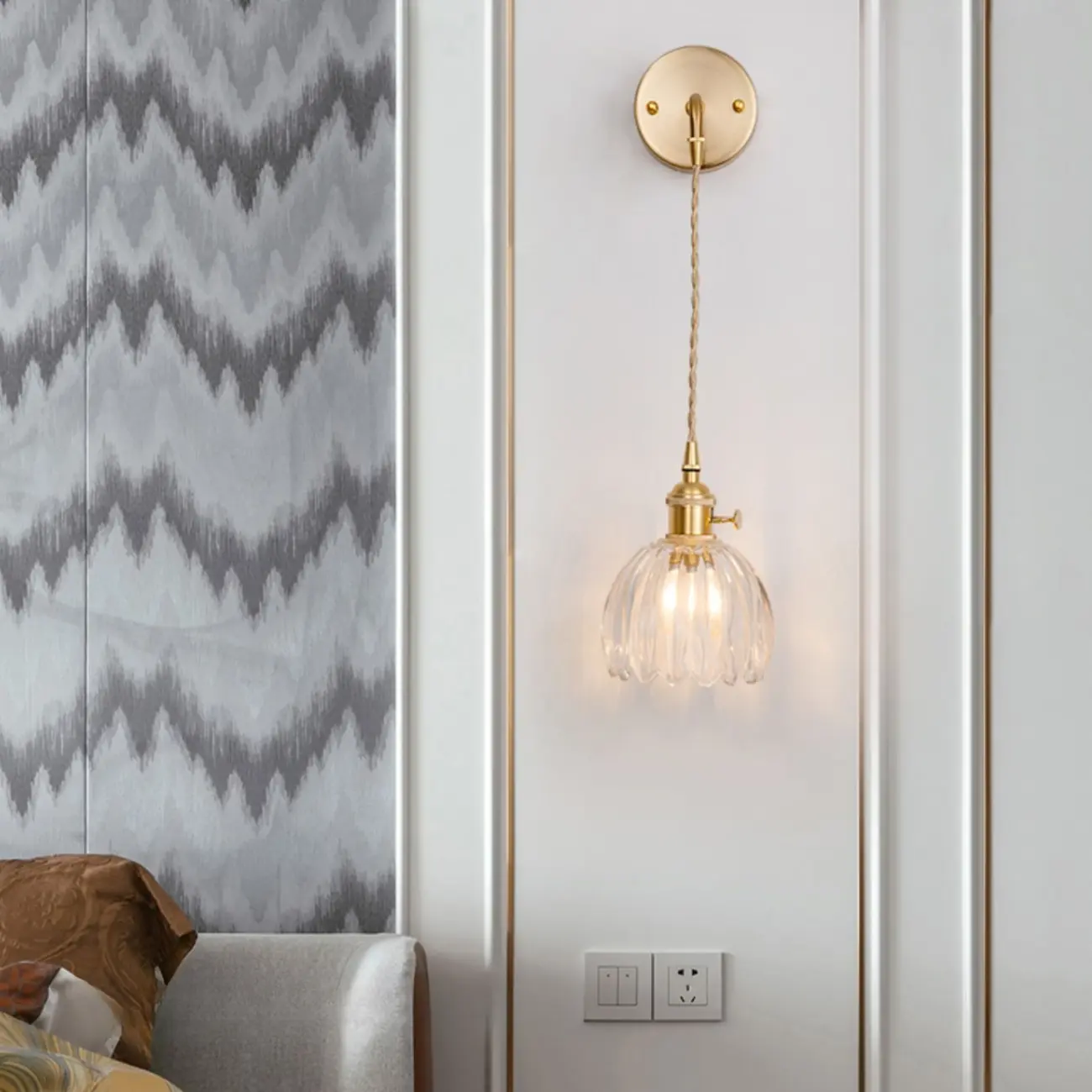 Transparent Brass Wall Sconce with Rotary Socket for Bedroom | homeyfad
