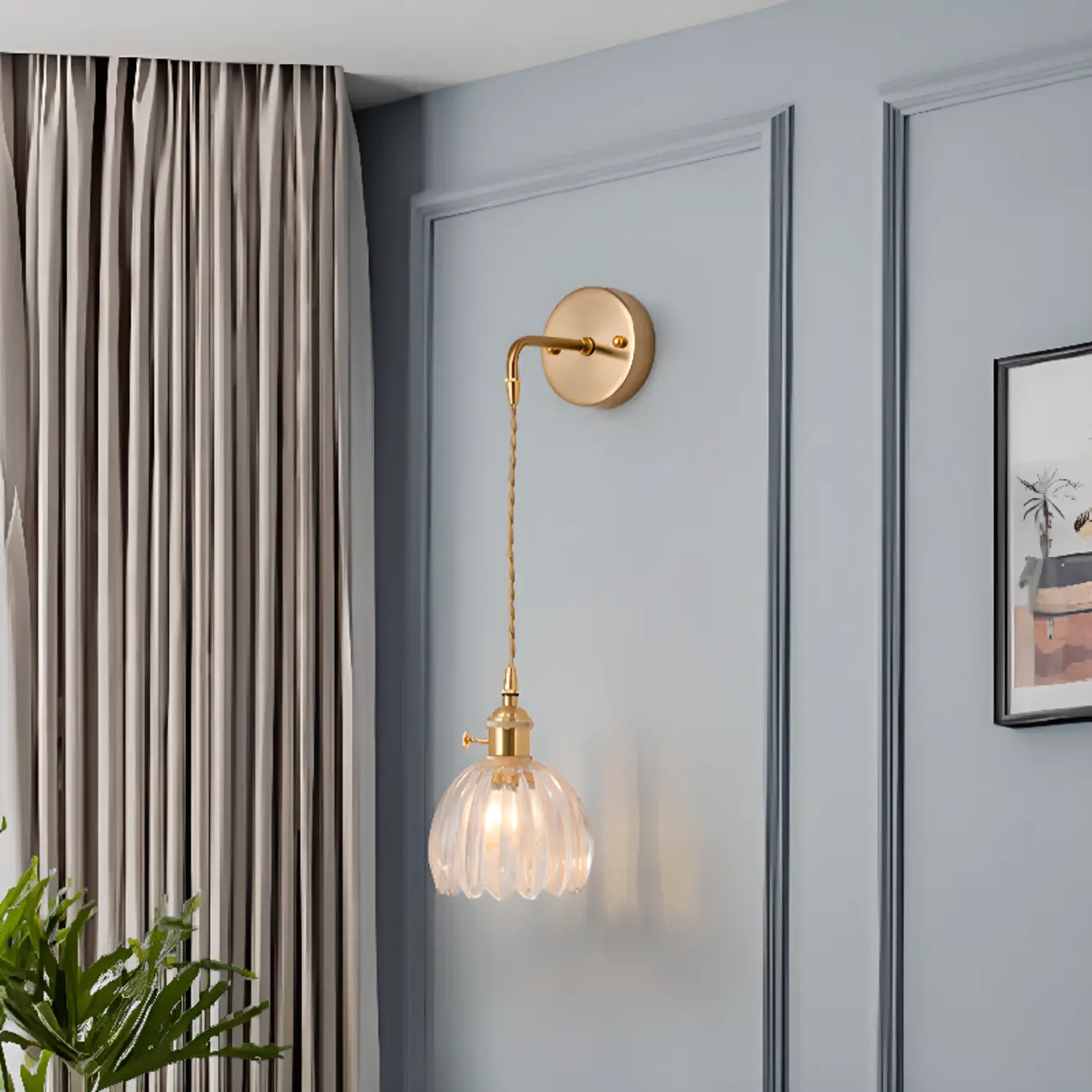 Transparent Brass Wall Sconce with Rotary Socket for Bedroom | homeyfad