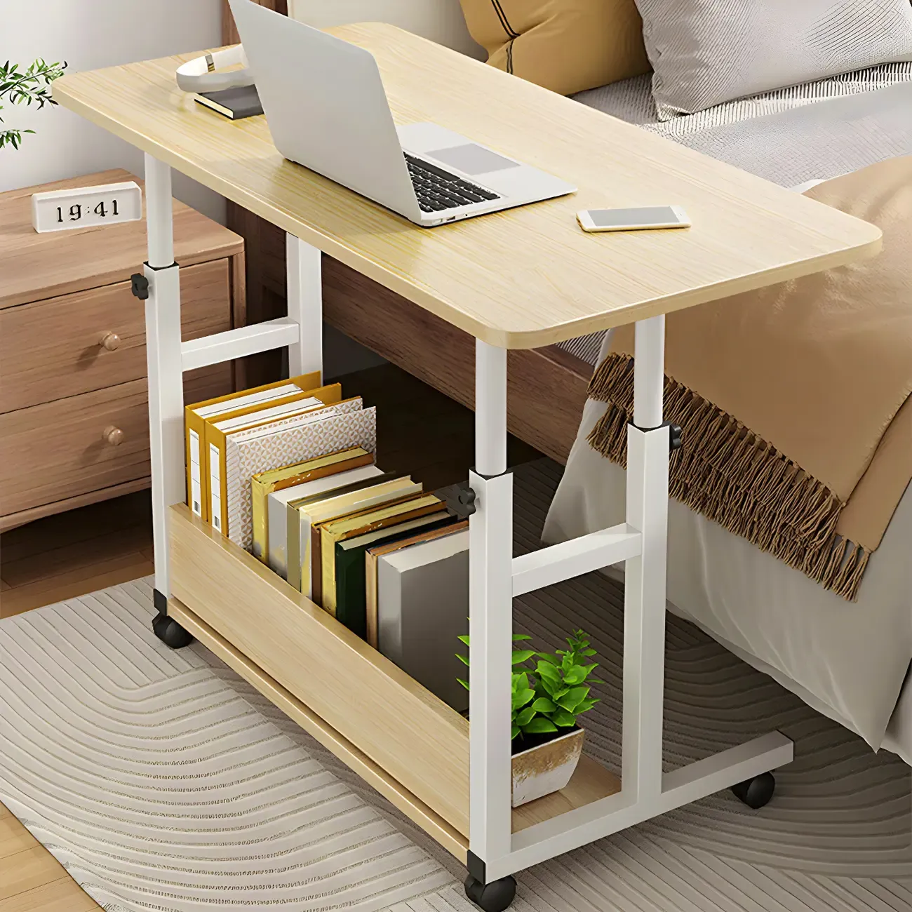 Modern Adjustable Wood Standing Desk Converter with Casters Image - 1