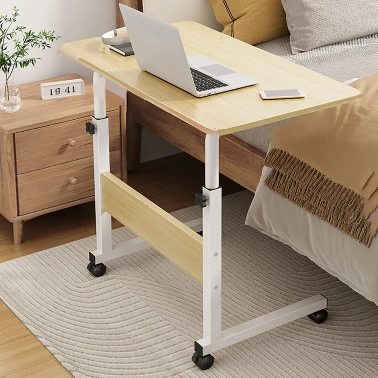 Modern Adjustable Wood Standing Desk Converter with Casters Image - 2