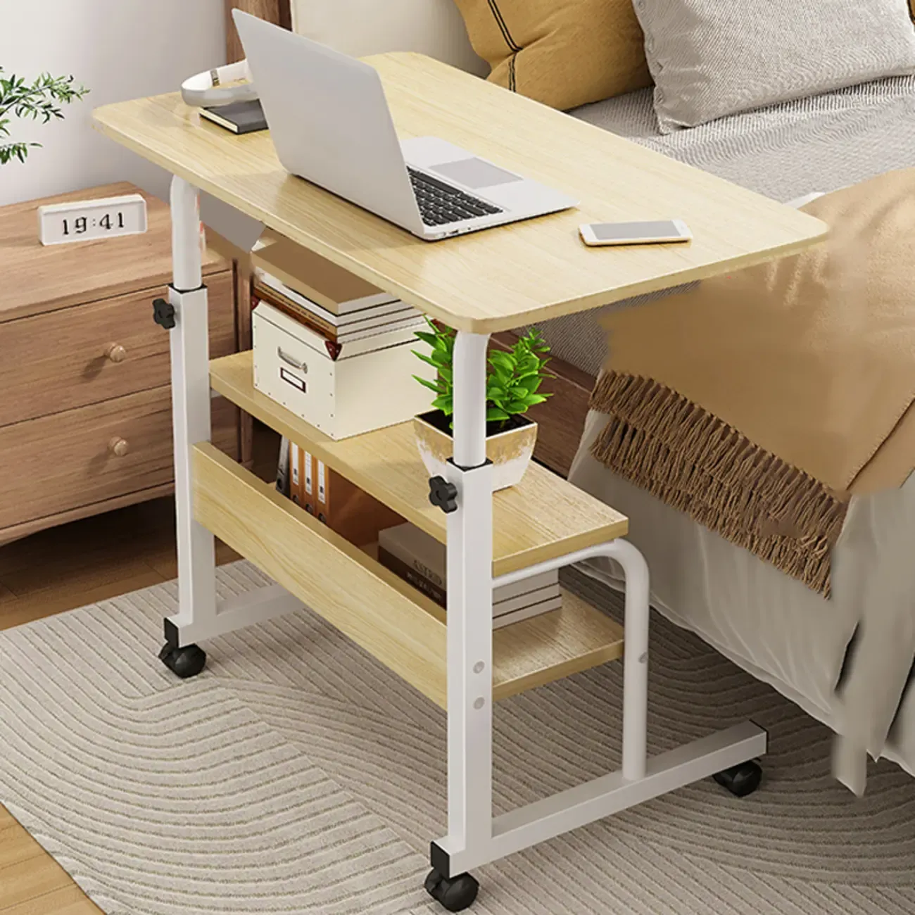 Modern Adjustable Wood Standing Desk Converter with Casters Image - 9