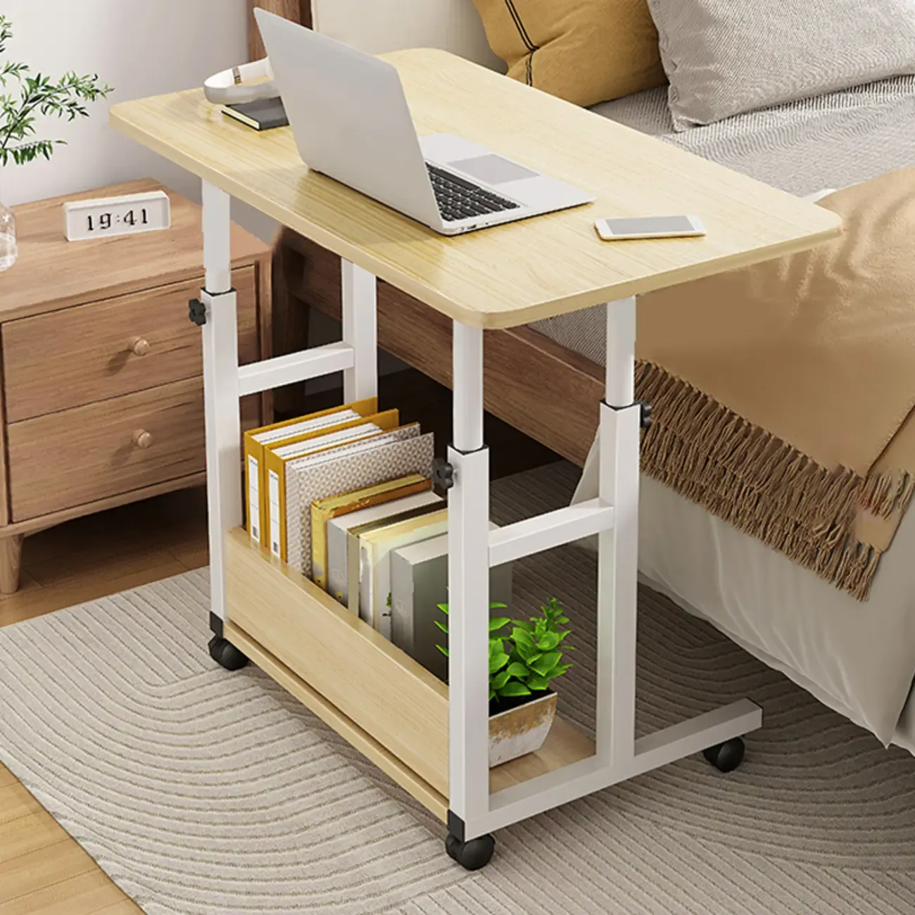 Modern Adjustable Wood Standing Desk Converter with Casters Image - 16