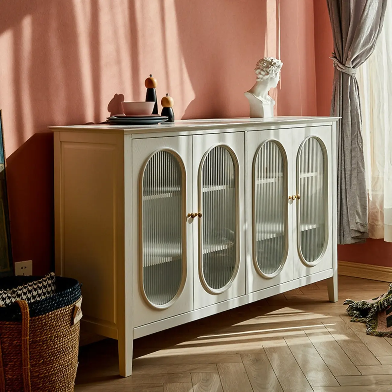 Scandinavian Oak Wooden Oval Fluted Glass Utility Cabinet Image - 1 | homeyfad