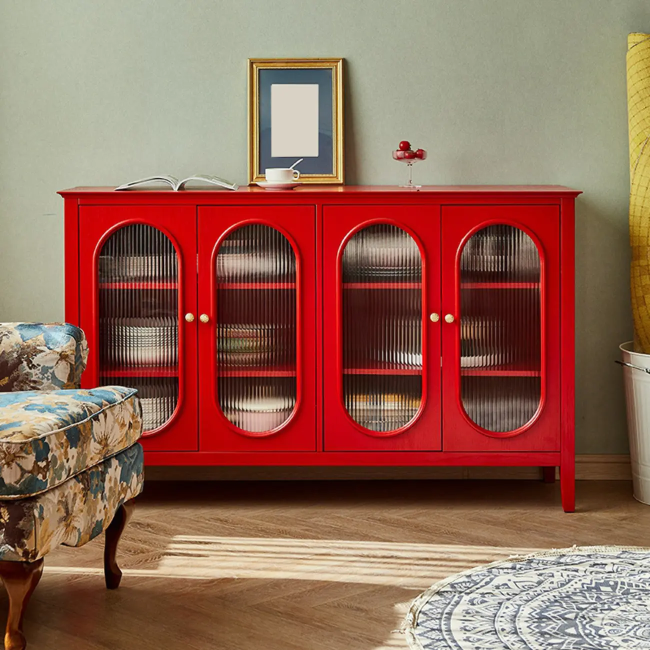 Scandinavian Oak Wooden Oval Fluted Glass Utility Cabinet Image - 3 | homeyfad