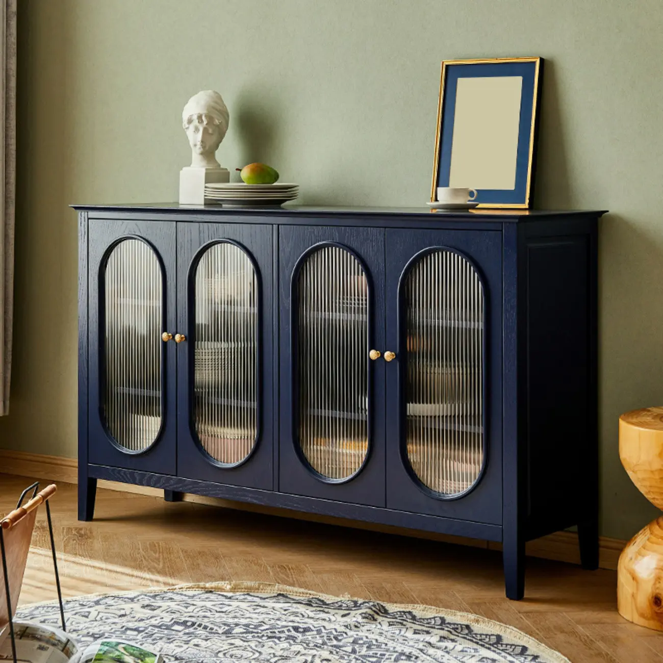 Scandinavian Oak Wooden Oval Fluted Glass Utility Cabinet Image - 4 | homeyfad