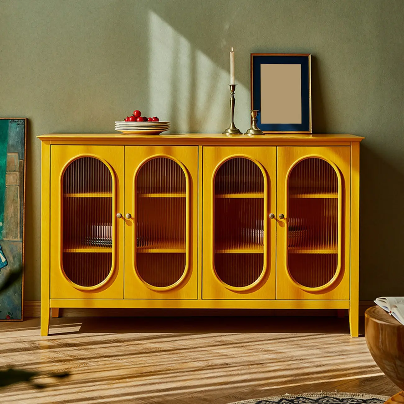 Scandinavian Oak Wooden Oval Fluted Glass Utility Cabinet Image - 5 | homeyfad