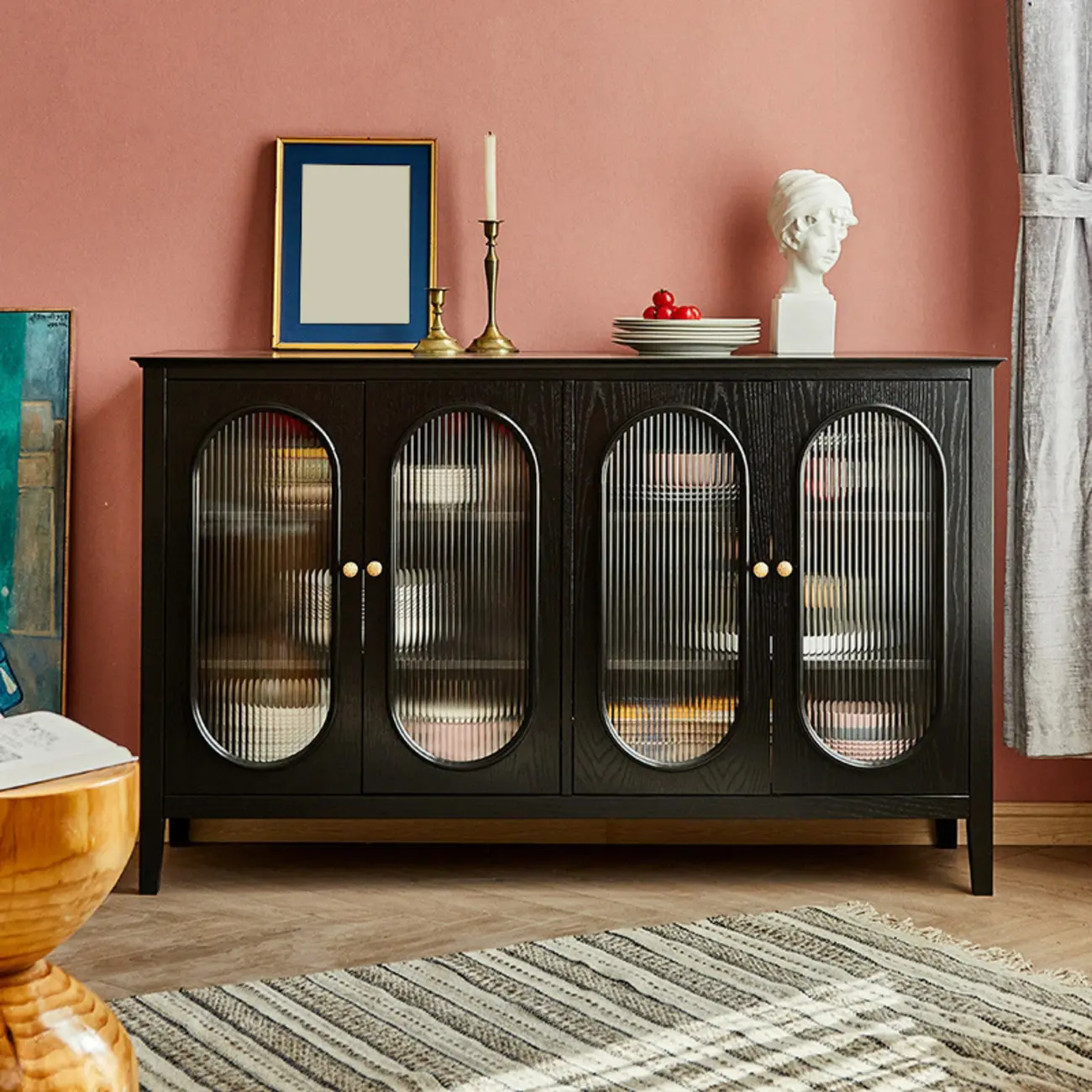 Scandinavian Oak Wooden Oval Fluted Glass Utility Cabinet Image - 6 | homeyfad