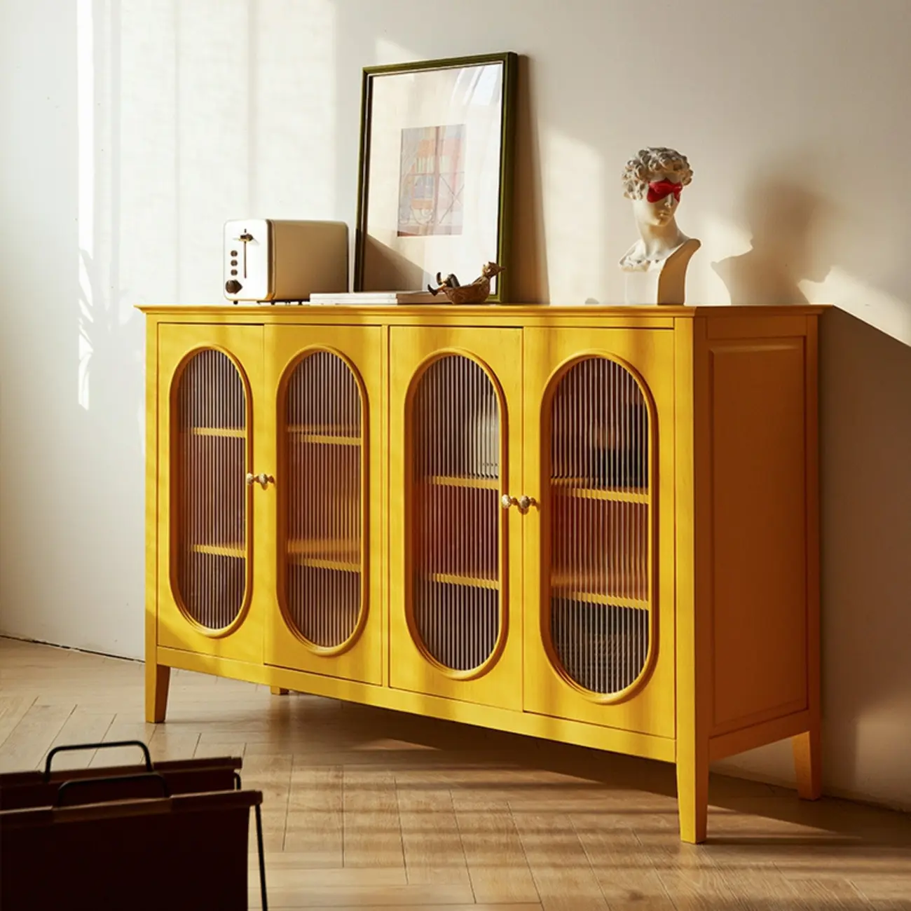 Scandinavian Oak Wooden Oval Fluted Glass Utility Cabinet Image - 7 | homeyfad