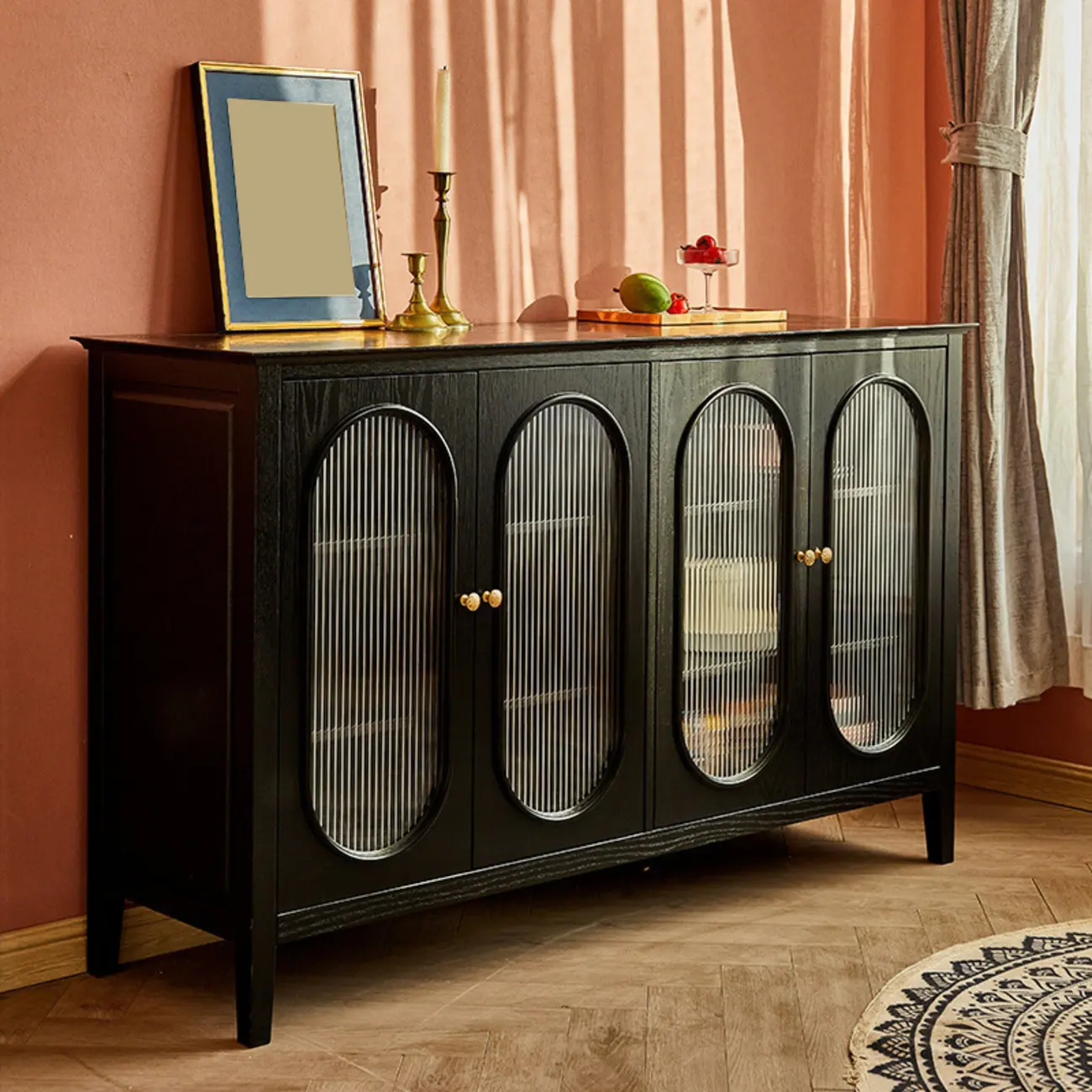 Scandinavian Oak Wooden Oval Fluted Glass Utility Cabinet Image - 8 | homeyfad