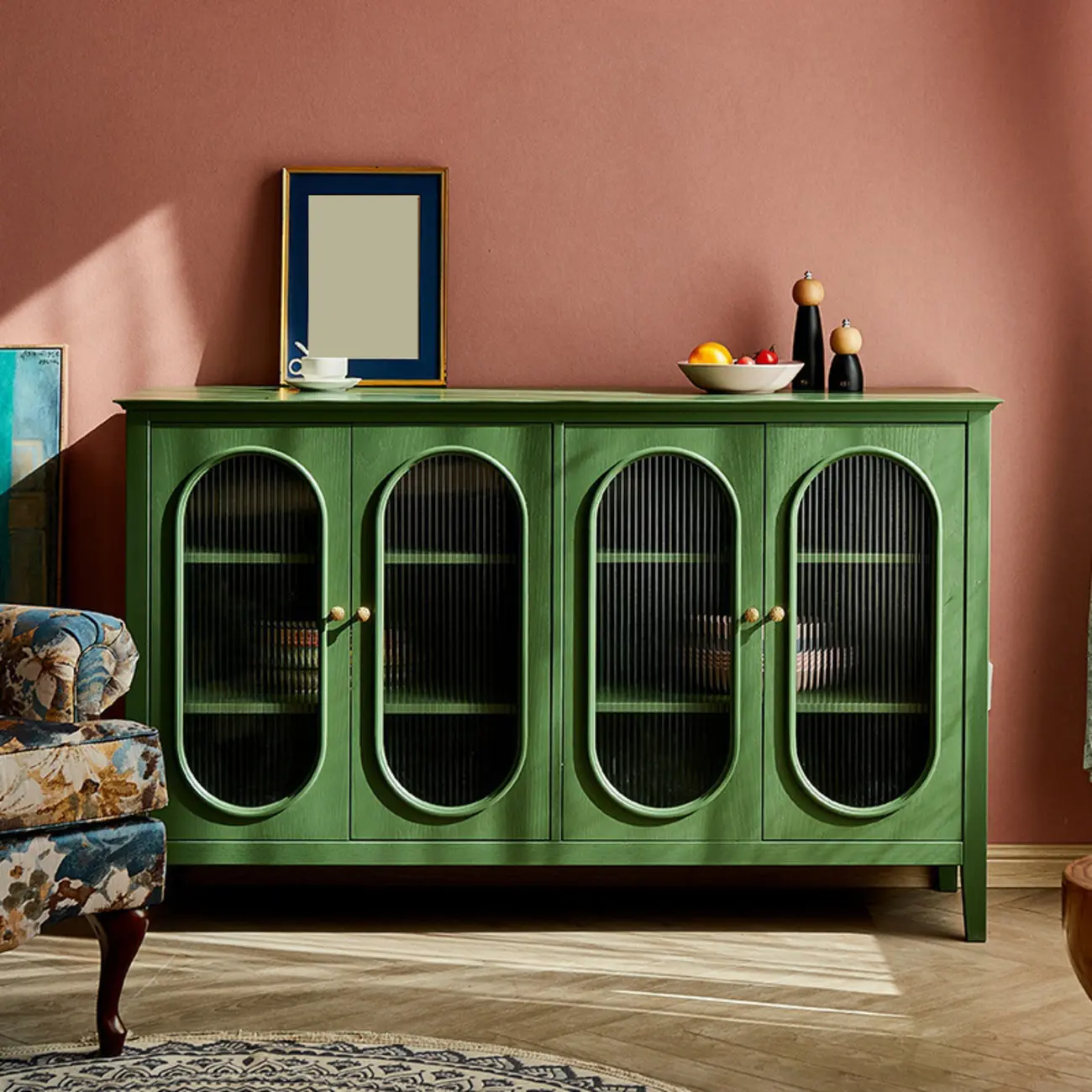 Scandinavian Oak Wooden Oval Fluted Glass Utility Cabinet Image - 10 | homeyfad