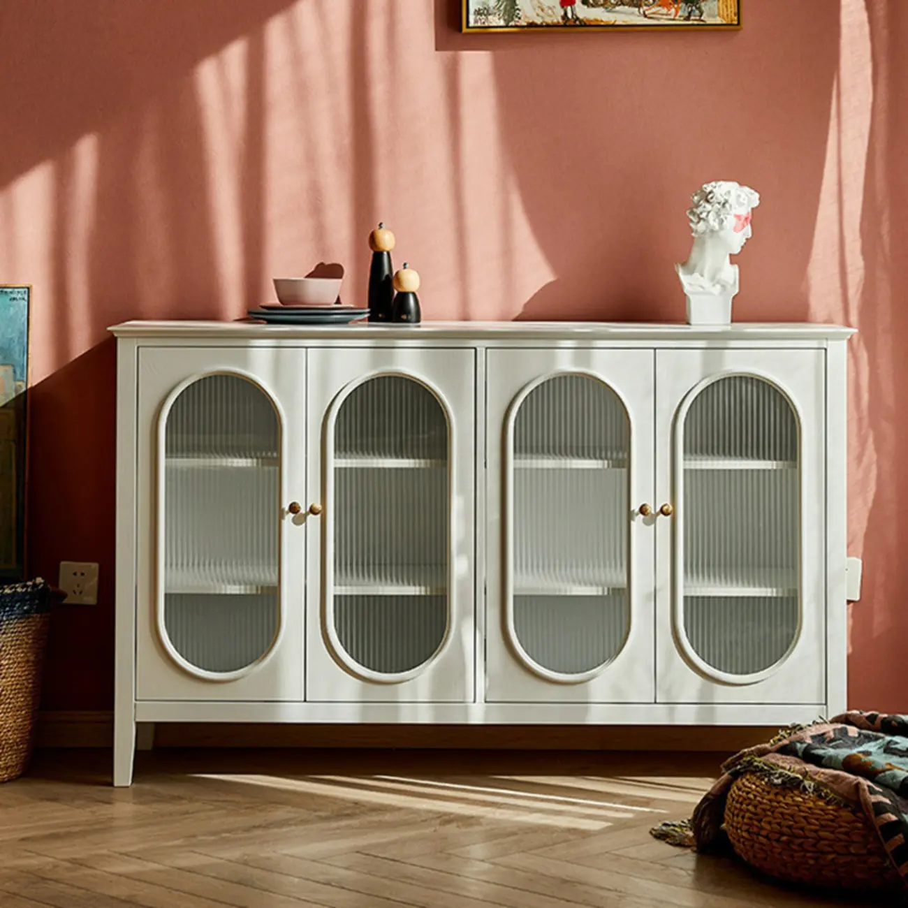 Scandinavian Oak Wooden Oval Fluted Glass Utility Cabinet Image - 2 | homeyfad